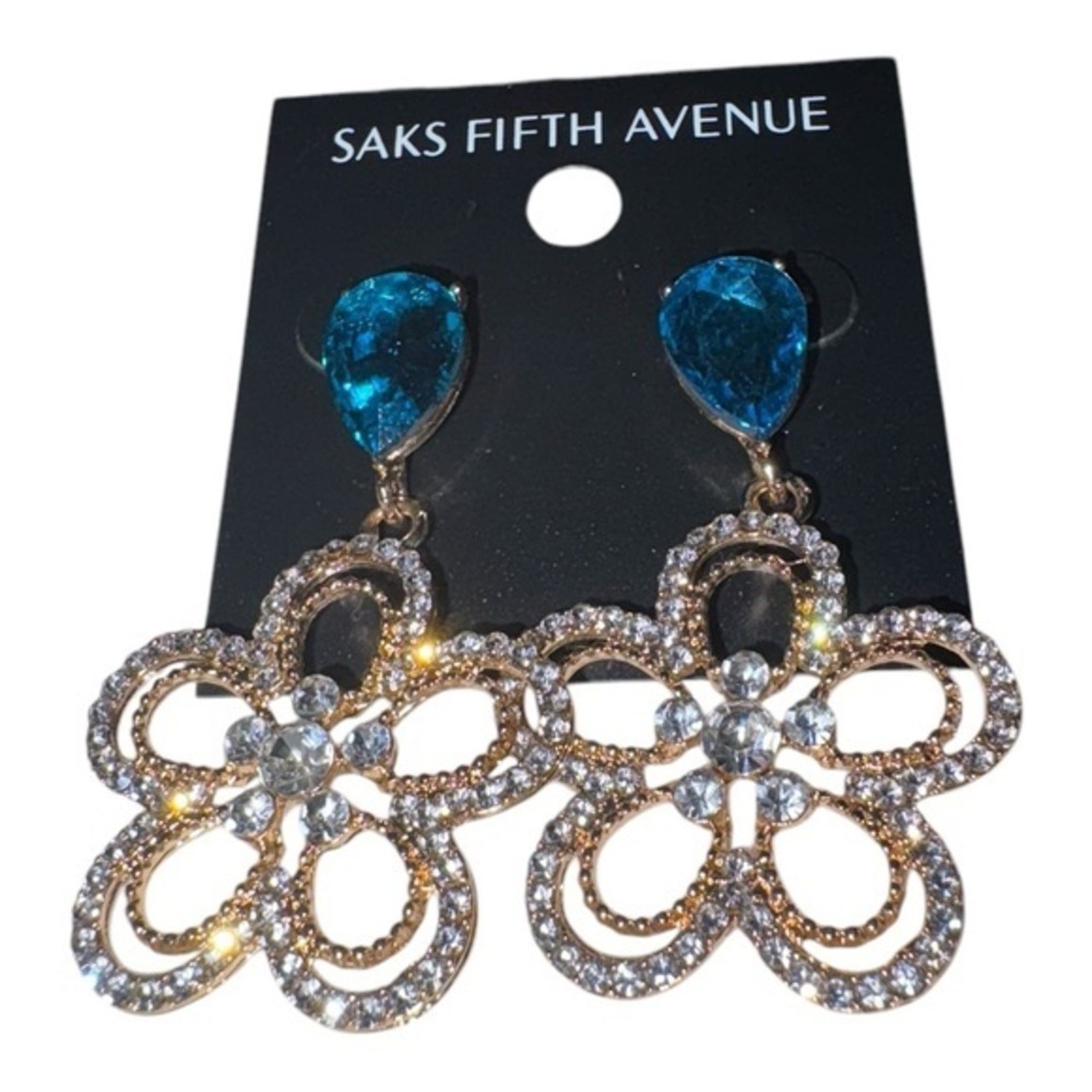 3/$40 Saks Fifth Avenue Blue and Crystal Flower Dangle Earrings